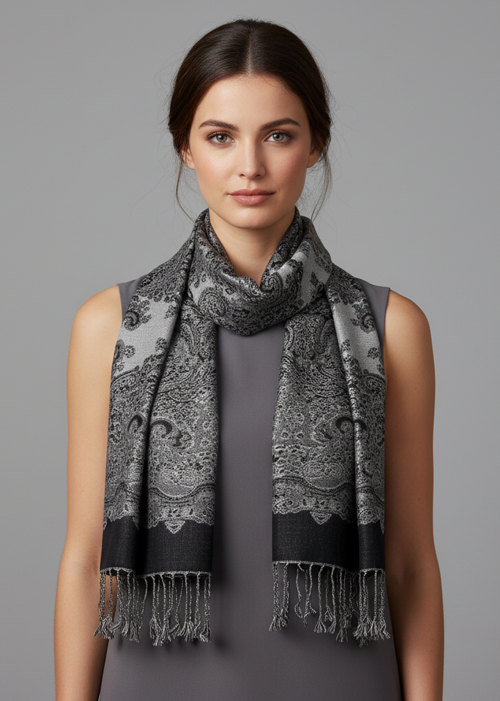 Elegant reversible jacquard paisley shawl wrap in silver and black with intricate floral patterns and frayed edges.