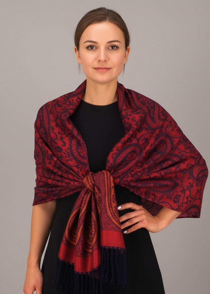 Elegant cranberry and navy pashmina shawl with a vintage paisley jacquard pattern and fringe.
