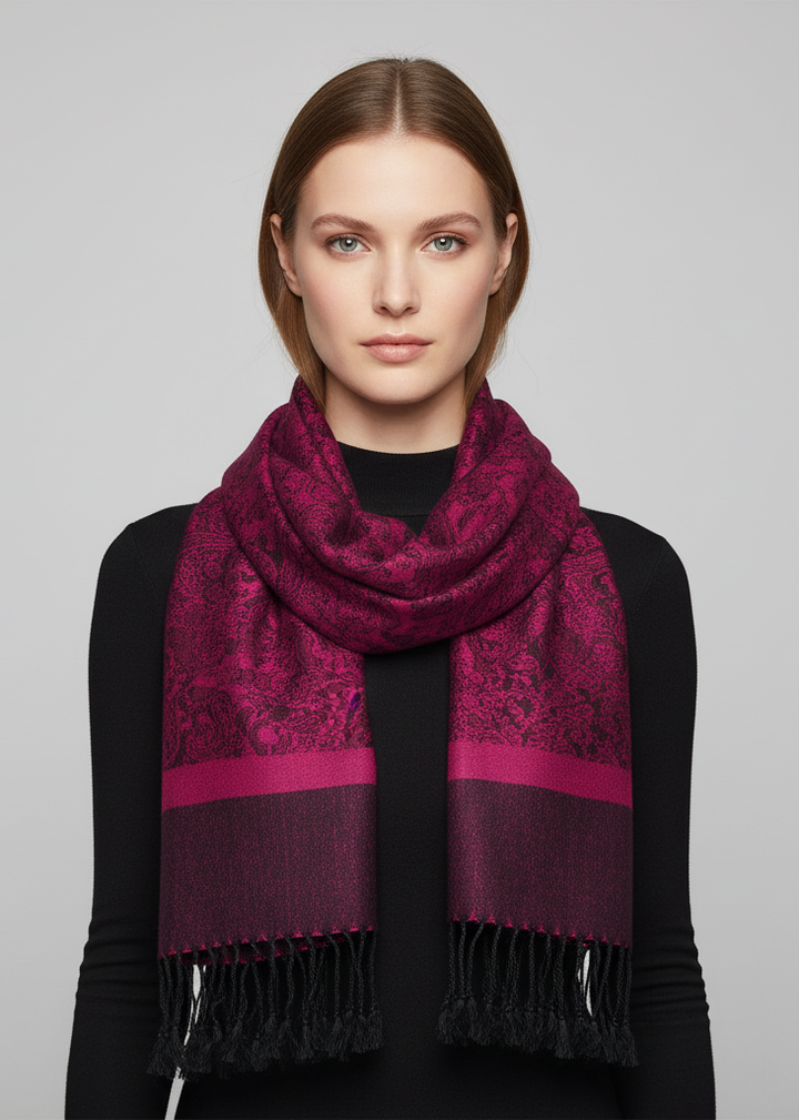 Elegant jacquard paisley pashmina shawl wrap in magenta and black with fringed edges.