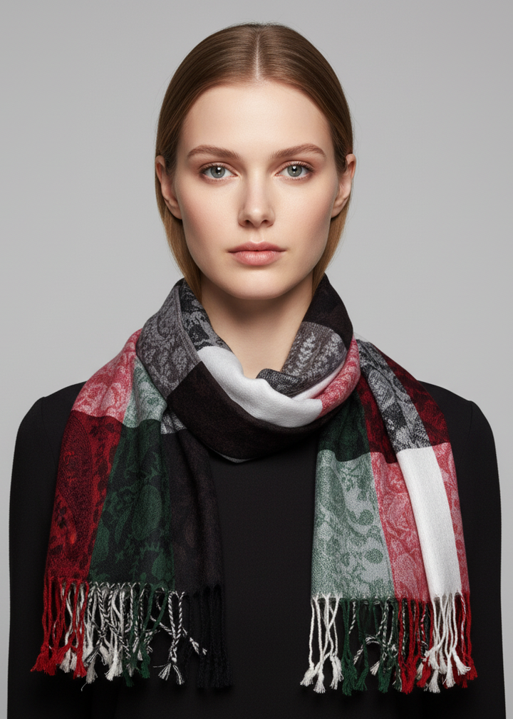 Elegant reversible jacquard paisley shawl wrap pashmina in vibrant red, green, and black.