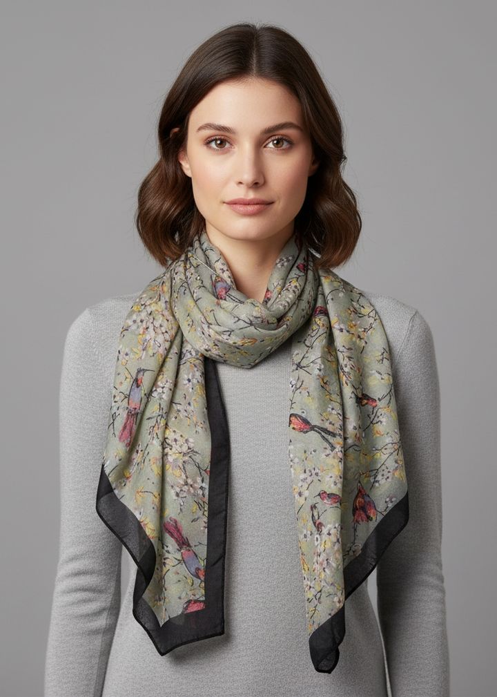 Lightweight sheer scarf for women featuring a vintage floral sakura blossom and hummingbird print in taupe.