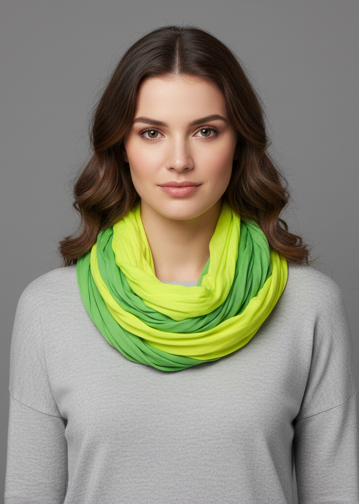 Neon green and yellow two toned infinity circle loop scarf in a lightweight breathable fabric.
