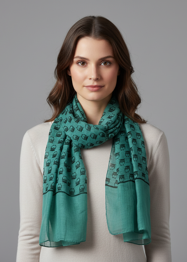 Elegant teal lightweight sheer scarf with owl animal print pattern for year-round wear