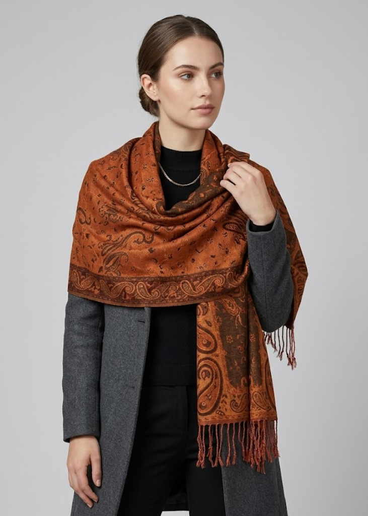 Elegant double-layer reversible pashmina shawl featuring an intricate apricot and peach paisley pattern with delicate fringe trim.