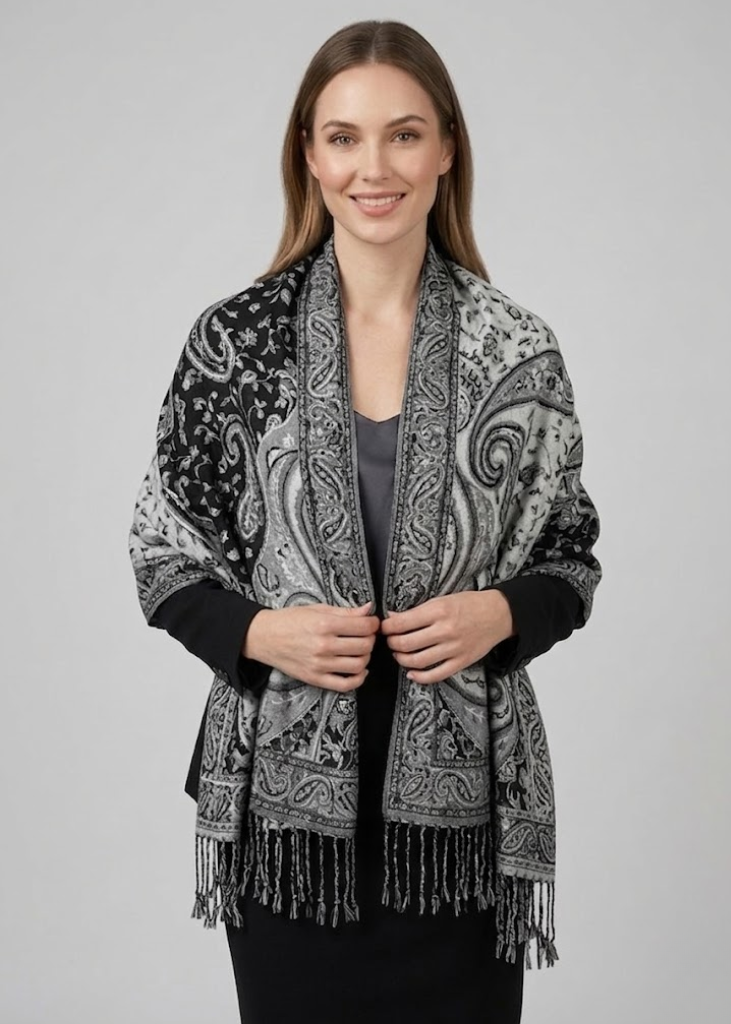 Elegant double layer reversible paisley pashmina shawl wrap scarf in black and white with fringed edges.