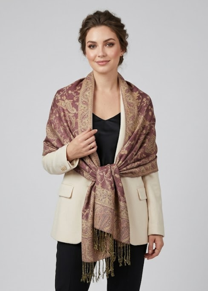 Elegant double layer reversible pink pashmina shawl with an intricate paisley pattern and fringed edges.