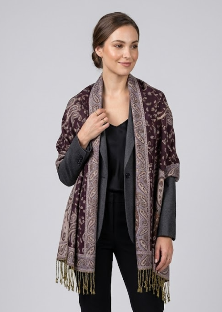 Double-layer reversible pashmina shawl in plum purple featuring an intricate jacquard paisley pattern and fringed edges.