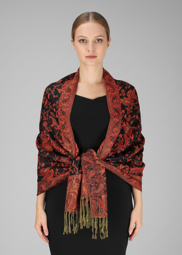 Elegant double layer reversible paisley pashmina shawl wrap scarf in red and black with fringed edges.