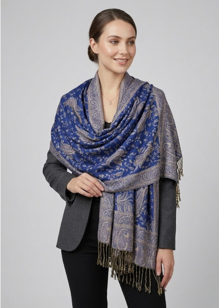 Elegant double layer reversible paisley pashmina shawl wrap scarf in royal blue with intricate patterns and fringe.