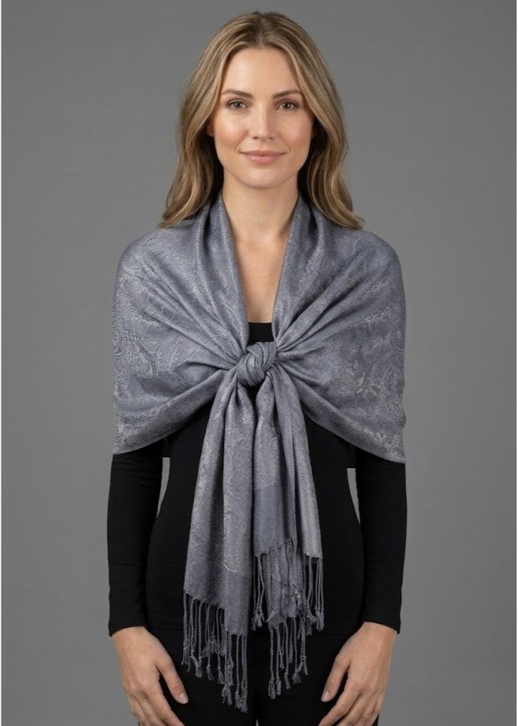 Elegant vintage solid color jacquard paisley shawl wrap in grey.