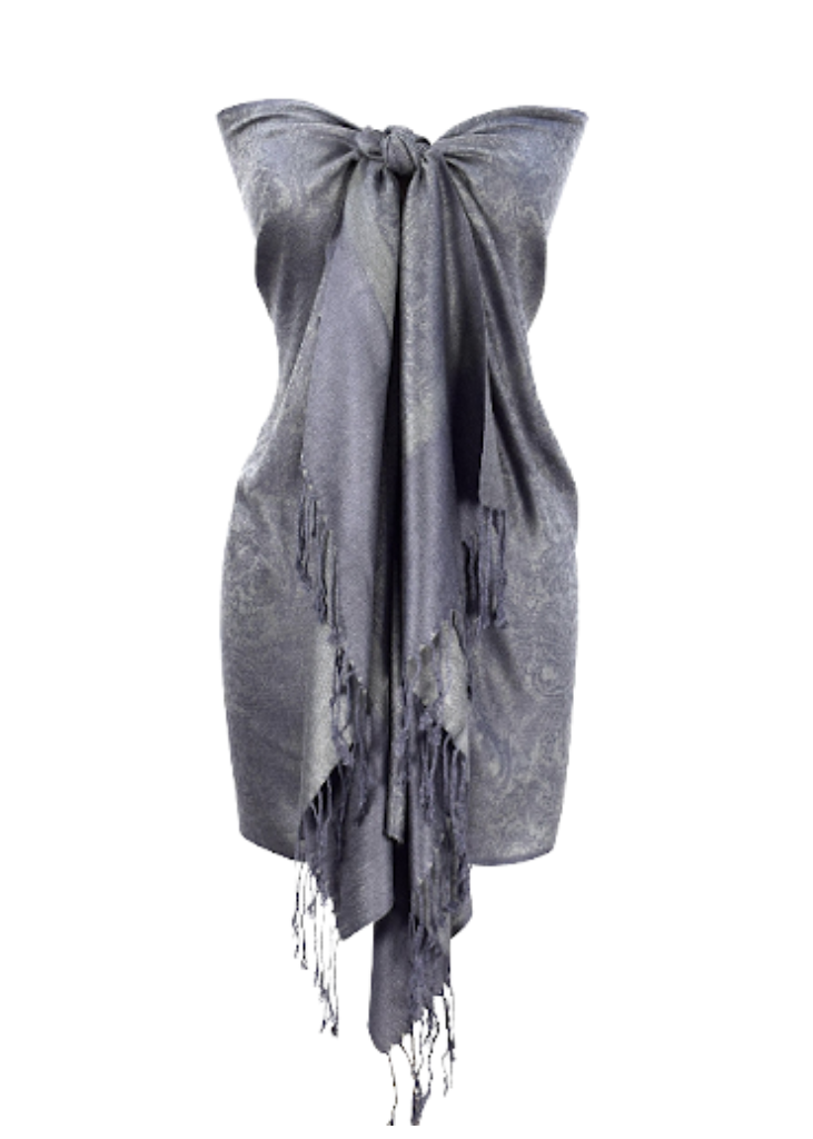 A detailed close-up shot of the Peach Couture pashmina shawl, highlighting the intricate tone-on-tone grey paisley jacquard pattern. The raised weave and slight silk sheen of the grey fabric are clearly visible