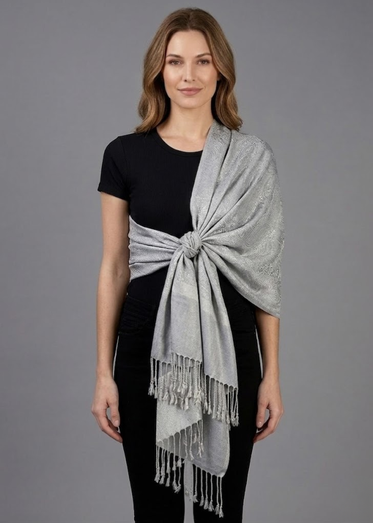 Elegant vintage solid color jacquard paisley shawl wrap in solid silver.