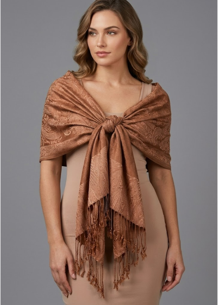 Elegant vintage two-color jacquard paisley pashmina shawl wrap in camel and gold.