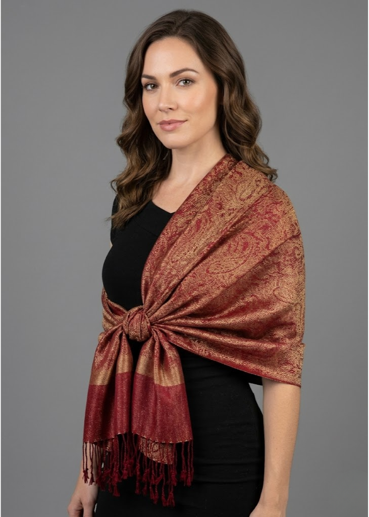 Elegant vintage two-color jacquard paisley pashmina shawl wrap in peach and red reversible design.