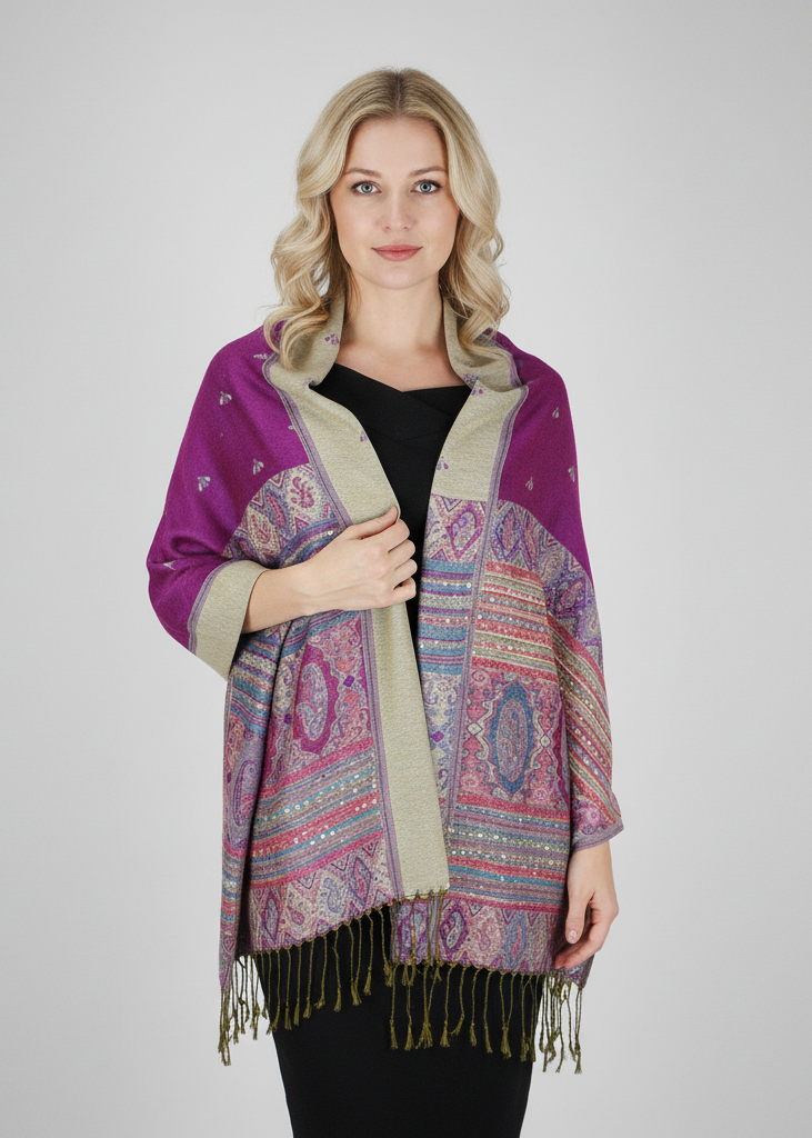 Fuchsia ethnic design bohemian pashmina shawl with reversible tribal border pattern.