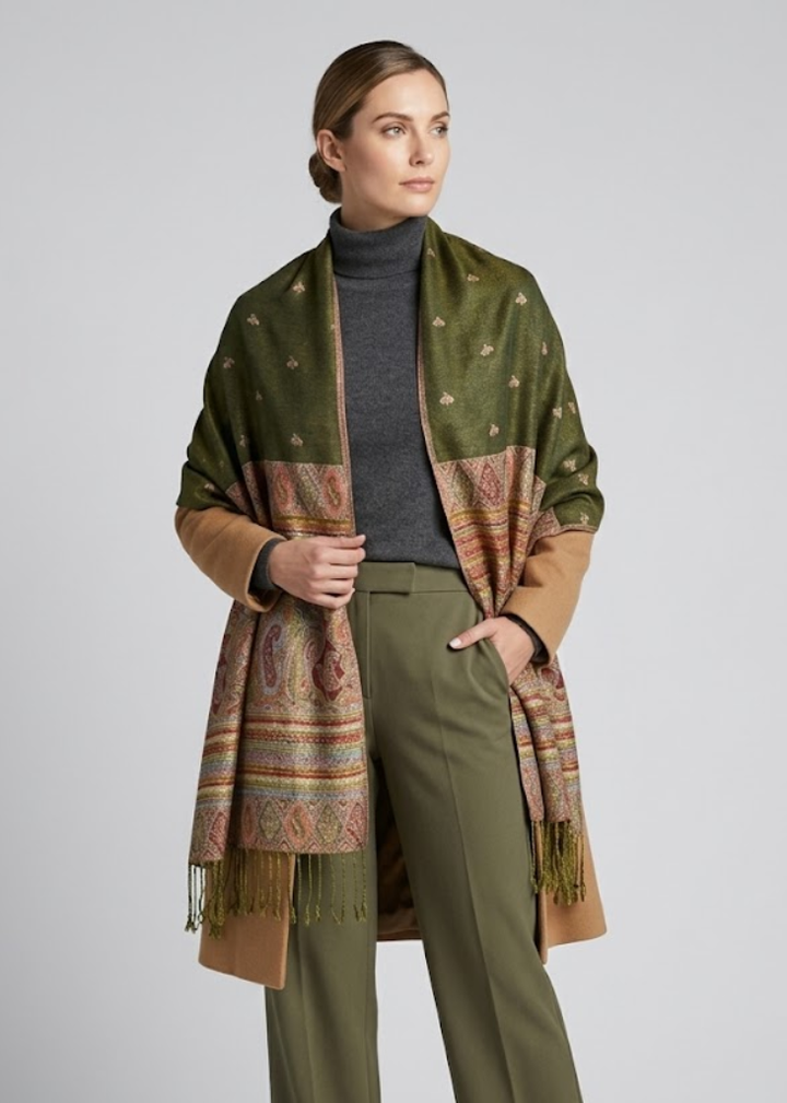 Green ethnic design bohemian pashmina shawl featuring a reversible tribal border pattern.