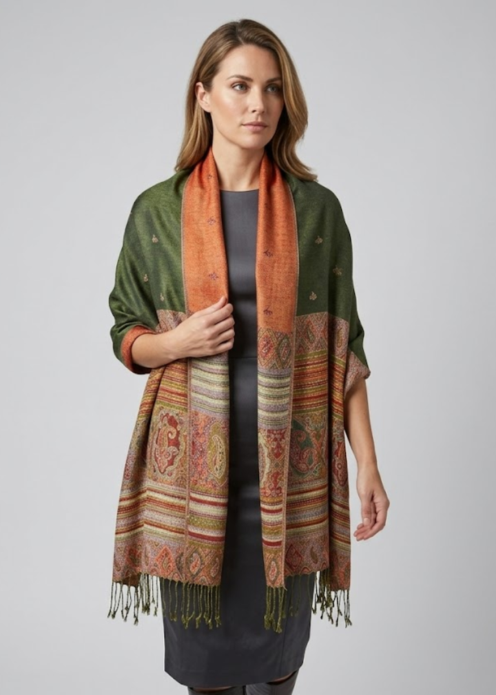 Olive green ethnic design bohemian pashmina shawl featuring a reversible tribal border pattern.