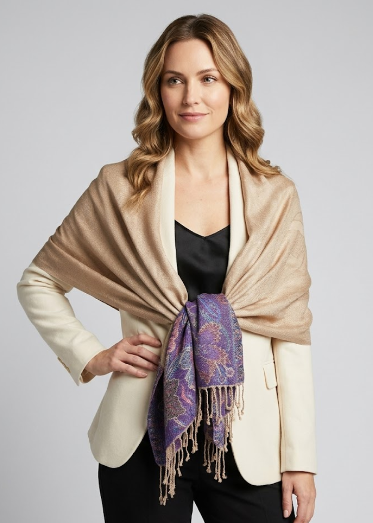 Tan reversible pashmina wrap shawl featuring an intricate paisley and floral border design.
