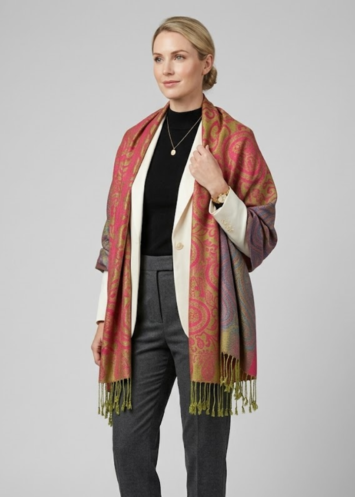 Large pashmina shawl scarf featuring a vintage vine paisley print in fuchsia and green with fringe ends.