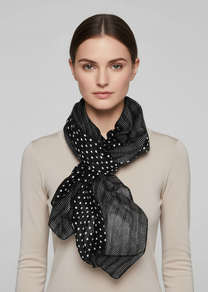 Elegant black and white polka dot border pashmina scarf and lightweight wrap for women.