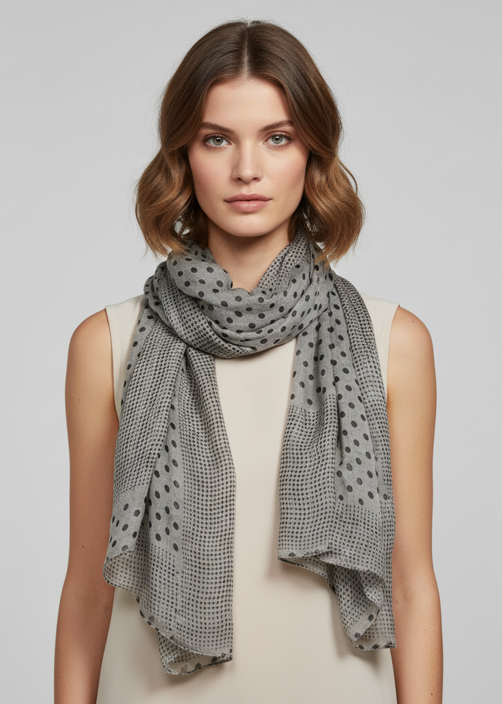 Lightweight grey and black pashmina scarf with a charming polka dot border and matching polka dot pattern.