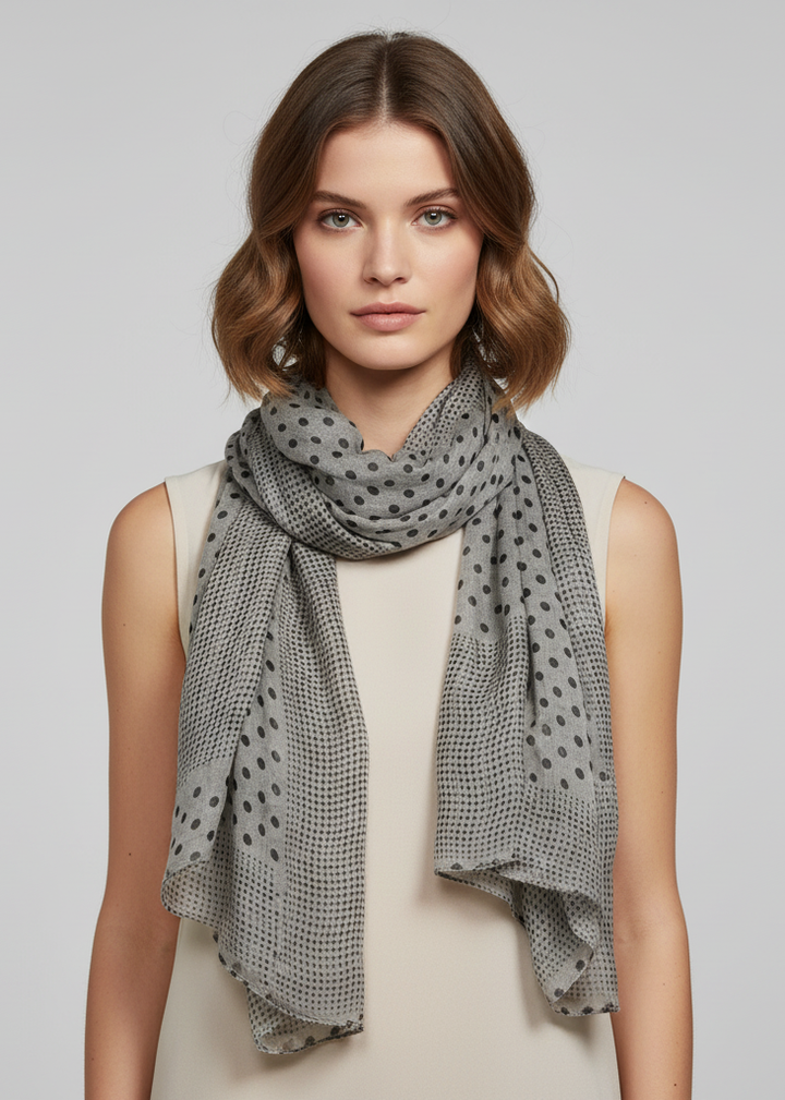 Lightweight grey and black pashmina scarf with a charming polka dot border and matching polka dot pattern.
