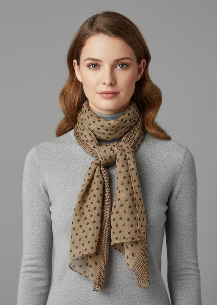 Lightweight tan and brown polka dot pashmina scarf with a decorative border.