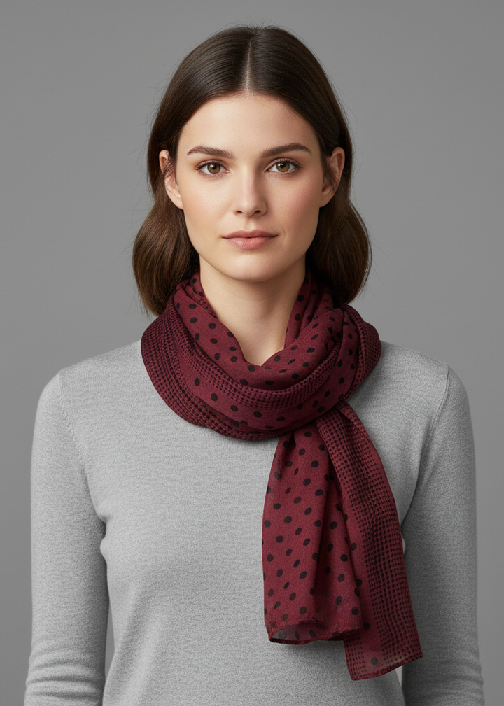 Lightweight maroon and black polka dot pashmina scarf wrap with a matching dotted border.