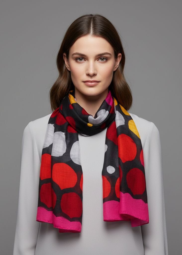 Playful modern multicolored polka dot scarf wrap and shawl in black and fuchsia.