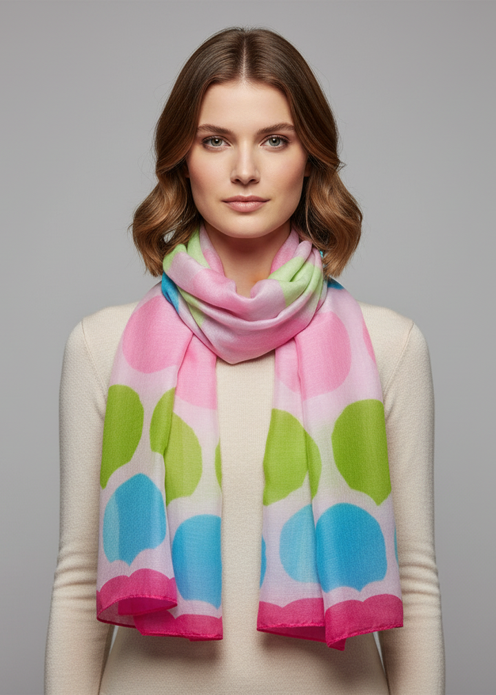 Playful modern multicolored polka dot lavender scarf and shawl wrap for women.