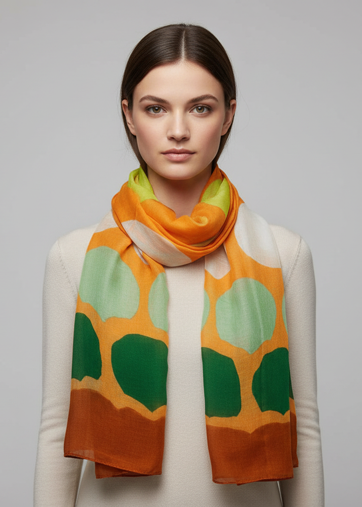 Vibrant multicolored polka dot print scarf with a modern orange design and soft wrap-around style.