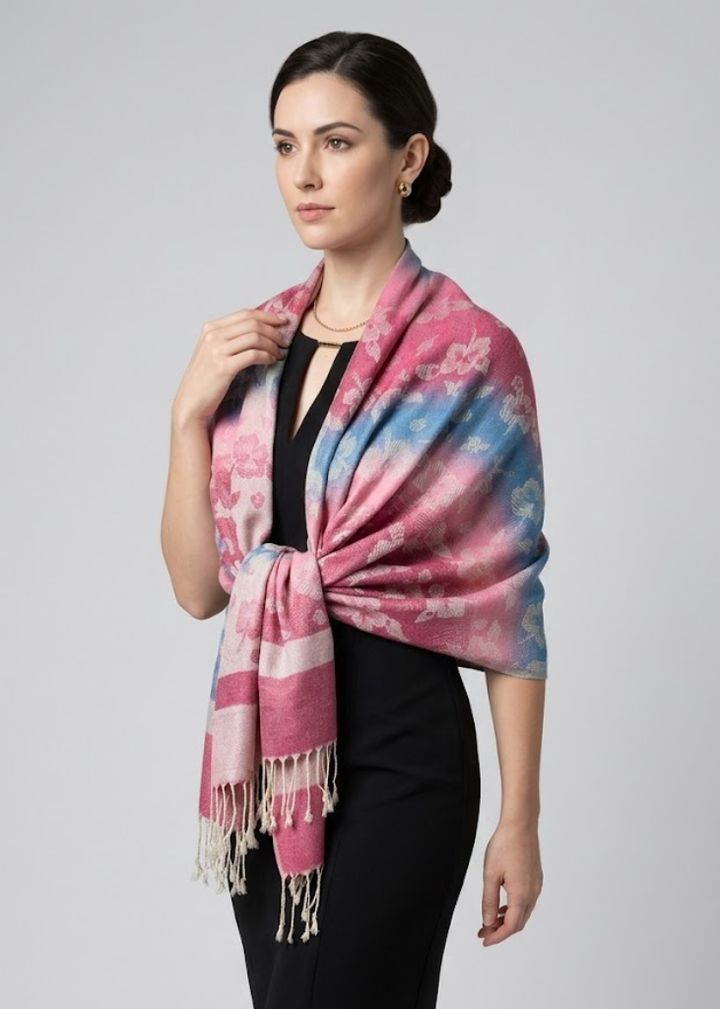 Rainbow silky tropical Hawaiian floral pashmina wrap shawl with a pink and cream pansy pattern and fringed edges.