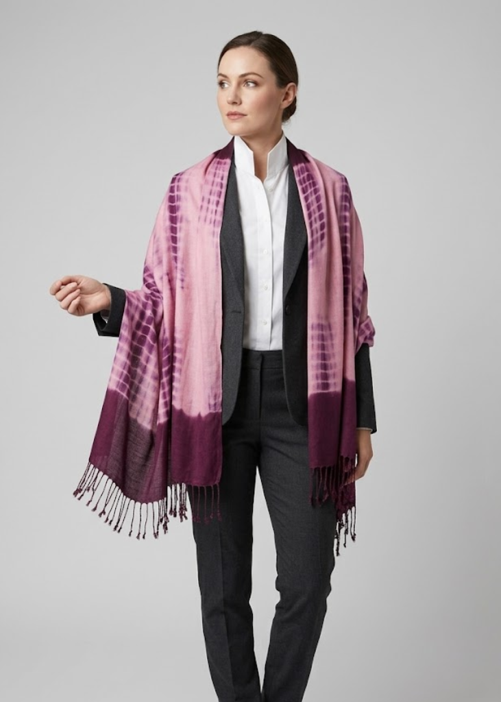 Soft pashmina shawl featuring a vibrant plum and bubble gum pink tie-dye pattern with delicate fringe edges.
