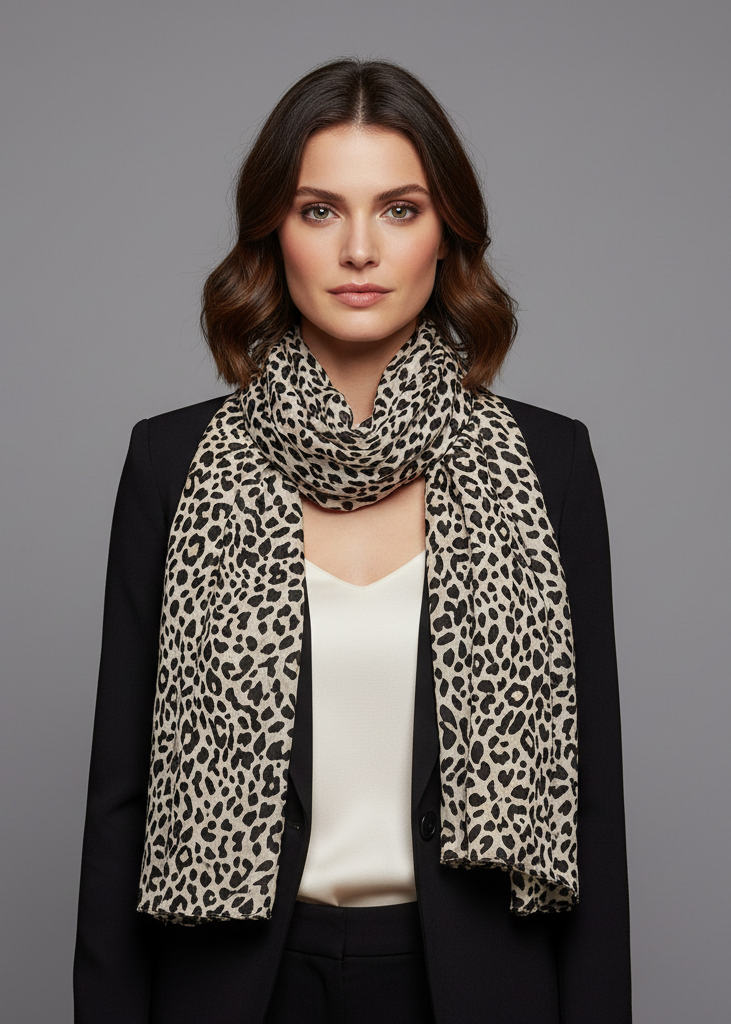 Lightweight women's crinkle wrap scarf featuring a trendy cream and tan leopard animal print pattern.