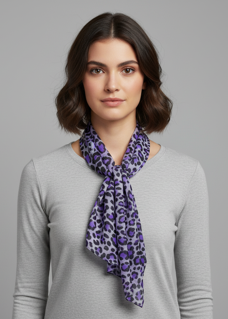 Trendy women's purple crinkle scarf with a bold leopard animal print pattern and soft wrap style.