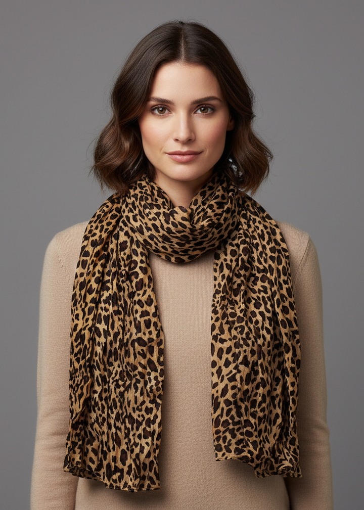 Trendy women's leopard animal print crinkle scarf wrap in tan color for a stylish accessory