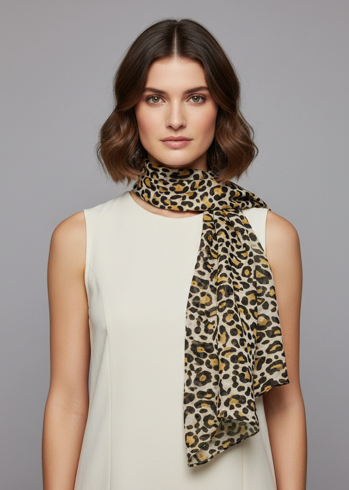 Trendy leopard animal print crinkle scarf wrap in yellow for women