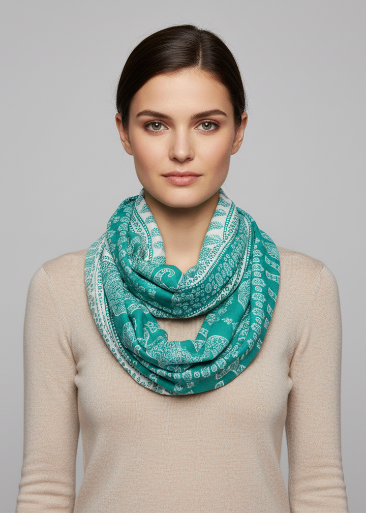 Green infinity loop scarf featuring a tribal paisley floral elephant animal print pattern for women