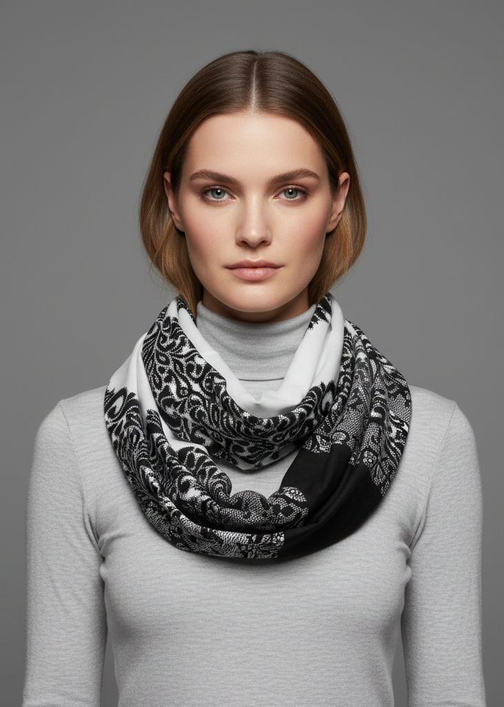 Vintage black and white damask bohemian infinity loop scarf for women.