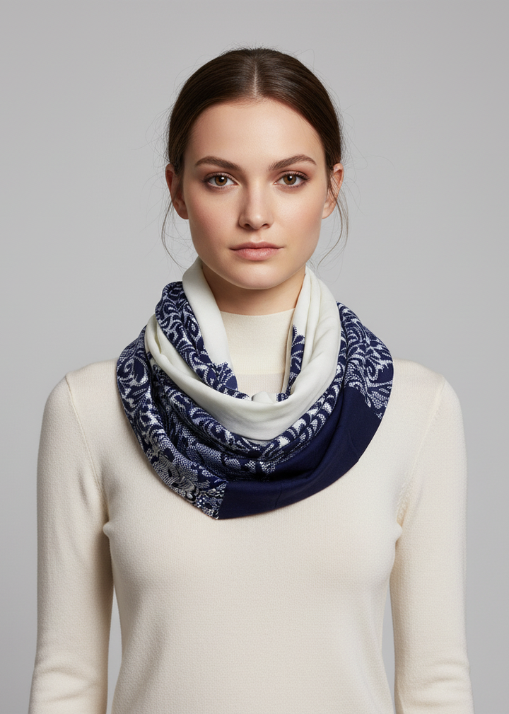 Vintage bohemian damask navy and white infinity loop scarf for women.