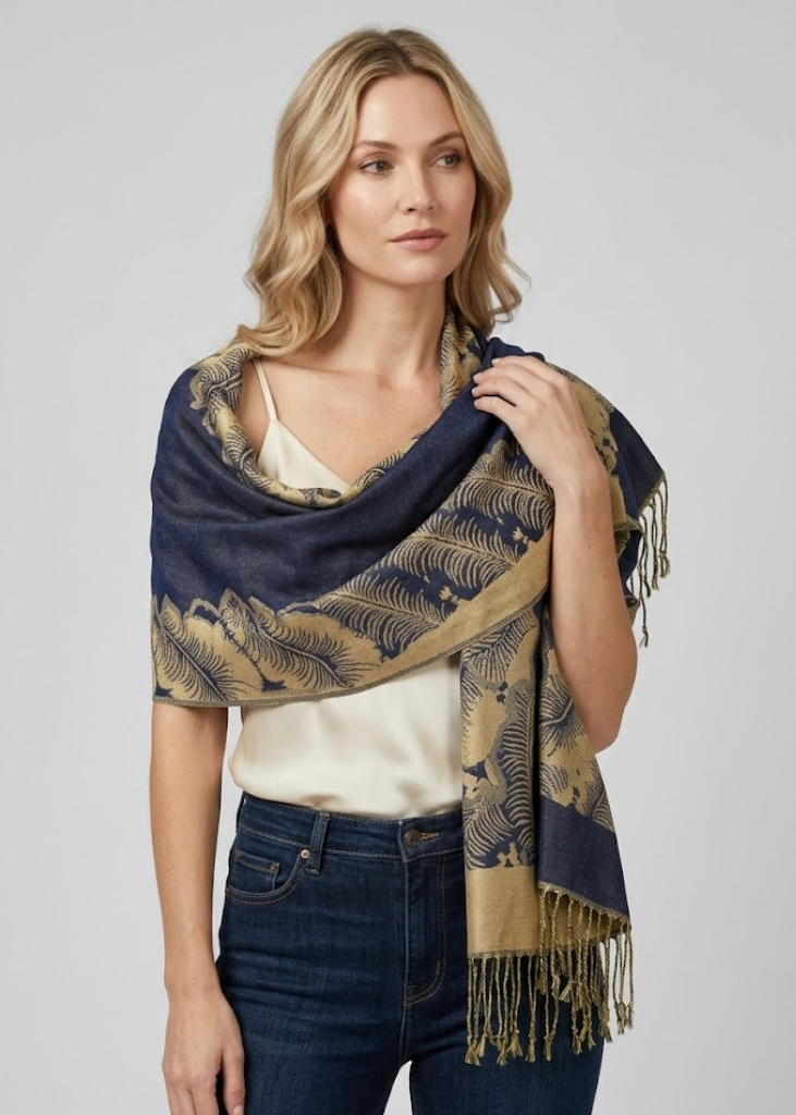 Women's Ravishing Reversible Jacquard Paisley Shawl Wrap Pashmina Navy