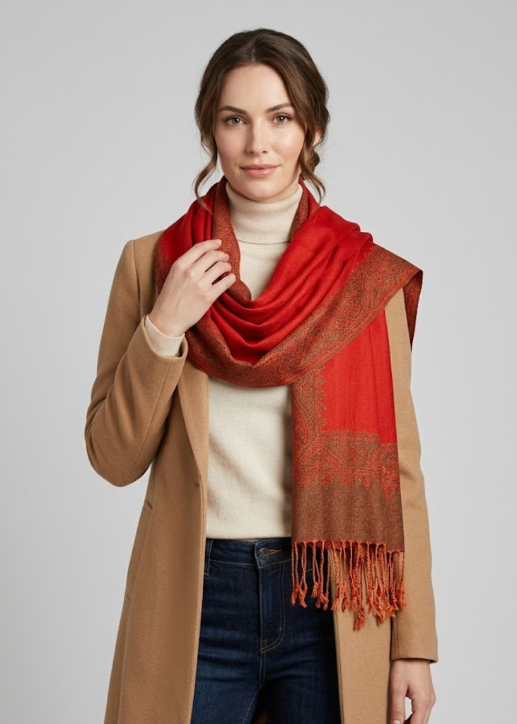 Ravishing reversible jacquard paisley shawl wrap pashmina in red and light gold.