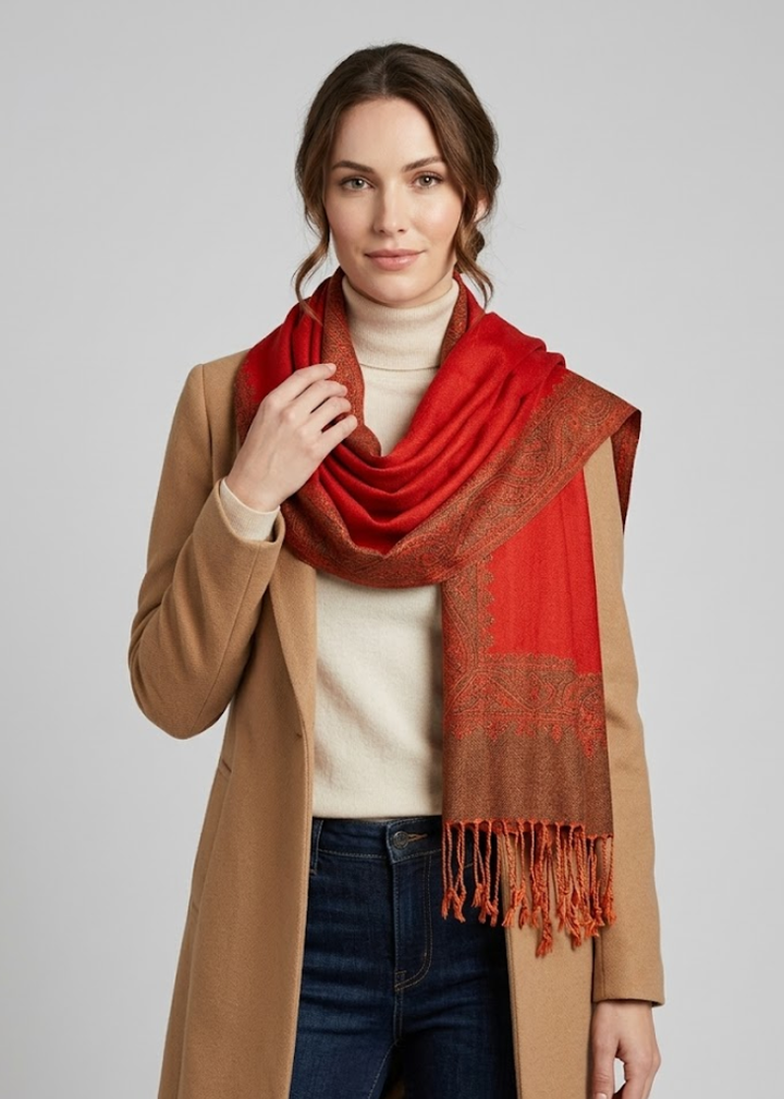 Ravishing reversible jacquard paisley shawl wrap pashmina in red and light gold.
