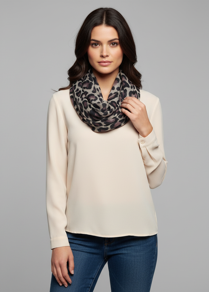 Stylish purple and tan animal print infinity loop scarf for women with a retro two-tone design