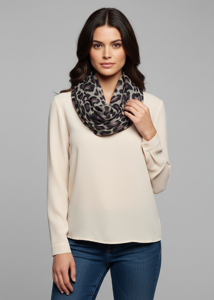 Stylish purple and tan animal print infinity loop scarf for women with a retro two-tone design