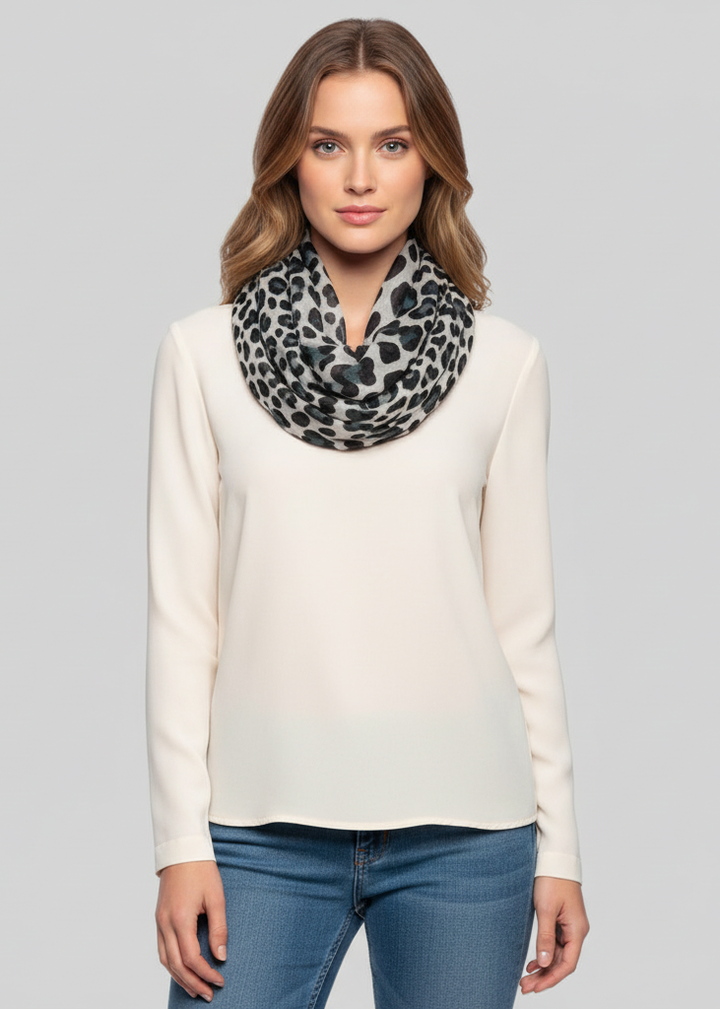 Retro fashion two tone animal print infinity loop scarf in white