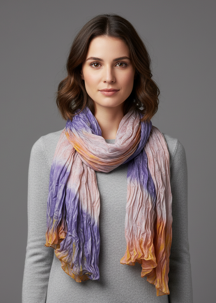Vibrant orange and purple tie-dye crinkled scarf and sarong wrap featuring a lightweight, textured fabric.