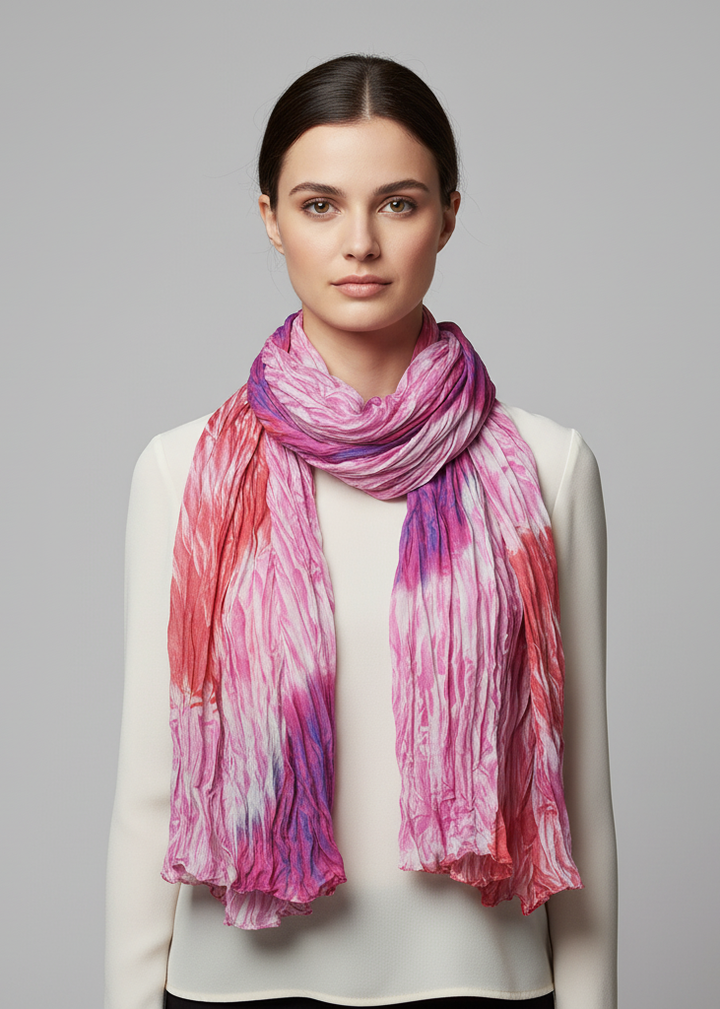 Stylish lightweight crinkled faded tie-dye scarf and sarong in pink and purple colors