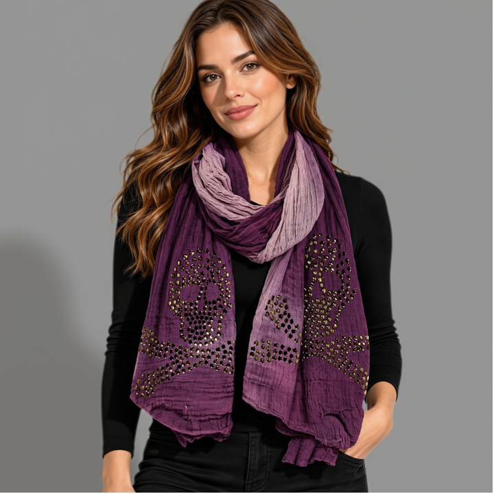 Peach Couture Womens Vintage Cotton Crinkled Ombrè Skull Studded Scarf Shawl Wrap Purple