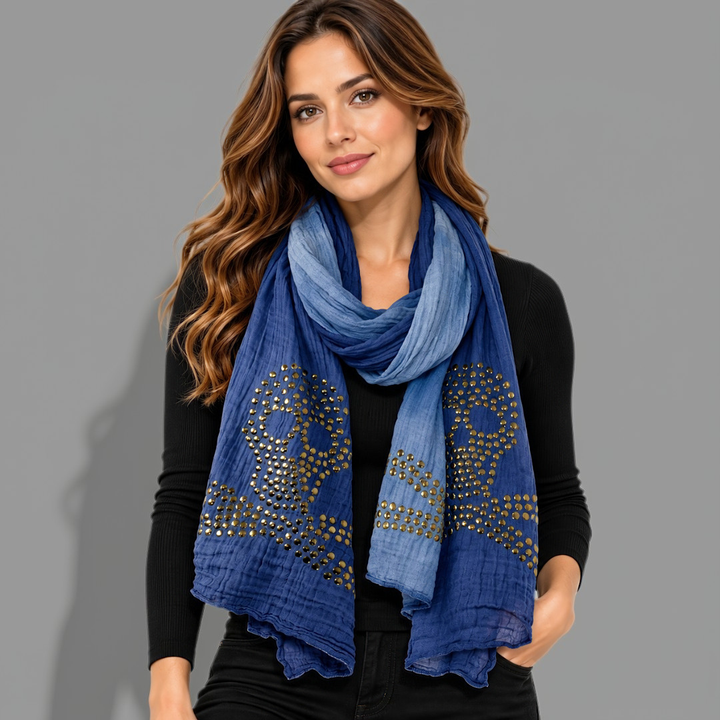Peach Couture Womens Vintage Crinkled Ombrè Skull Studded Scarf Shawl Wrap Blue